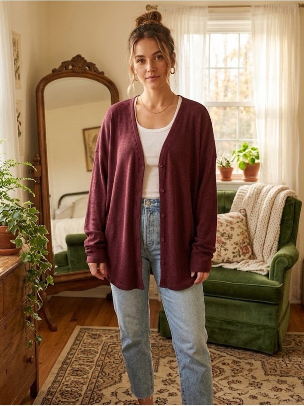 Vintage Wrangler Maroon Button Down Oversized Grandma Cardigan Size XL